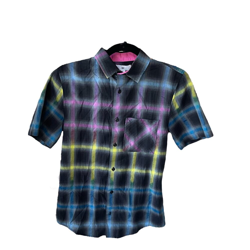 BP Men’s Plaid Black Neon Short Sleeve Button Up Size XS